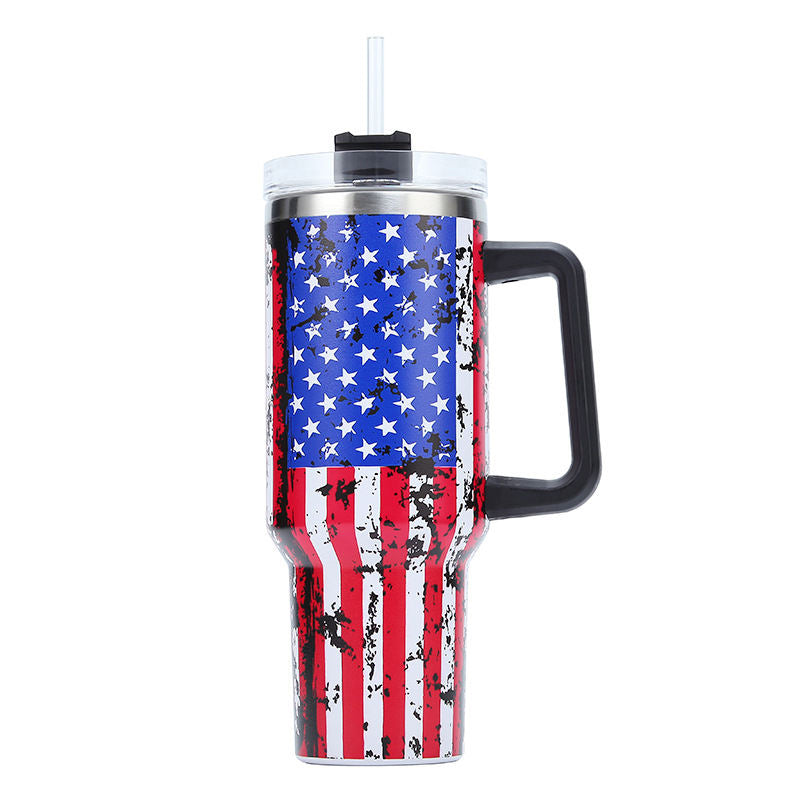 Custom 3D 40 oz Vacuum Car USA National Flag Beer Mug Travel Stainless Steel Leopard Cup Tumbler with Handle and Straw