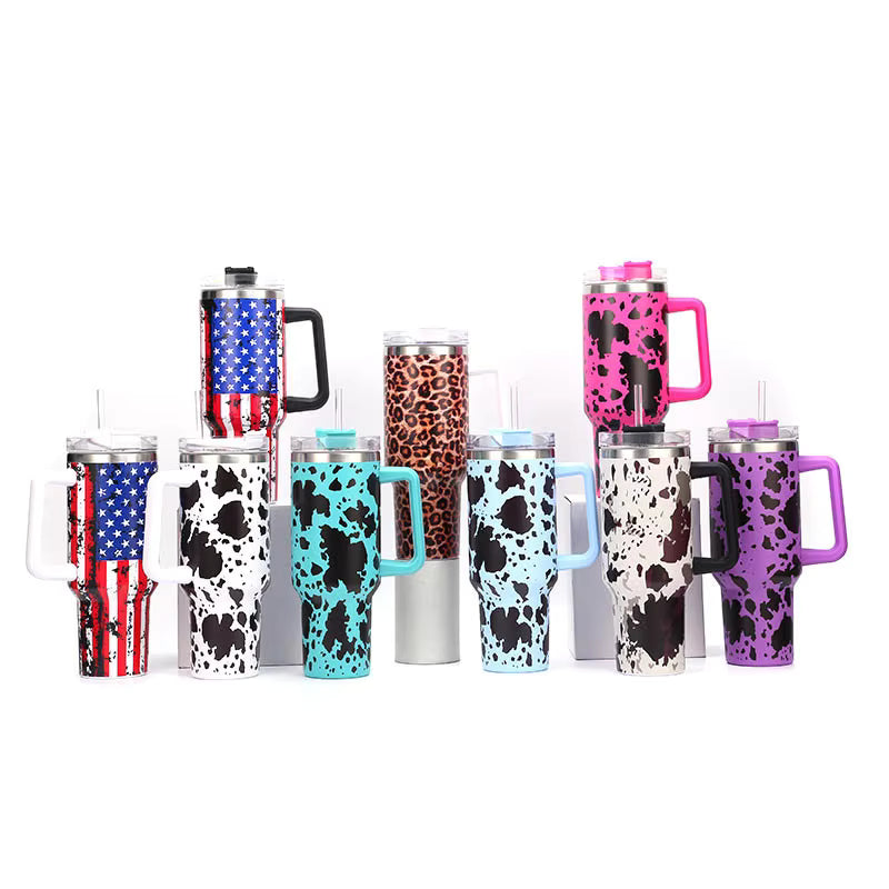 Custom 3D 40 oz Vacuum Car USA National Flag Beer Mug Travel Stainless Steel Leopard Cup Tumbler with Handle and Straw