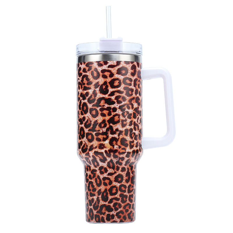 Custom 3D 40 oz Vacuum Car USA National Flag Beer Mug Travel Stainless Steel Leopard Cup Tumbler with Handle and Straw